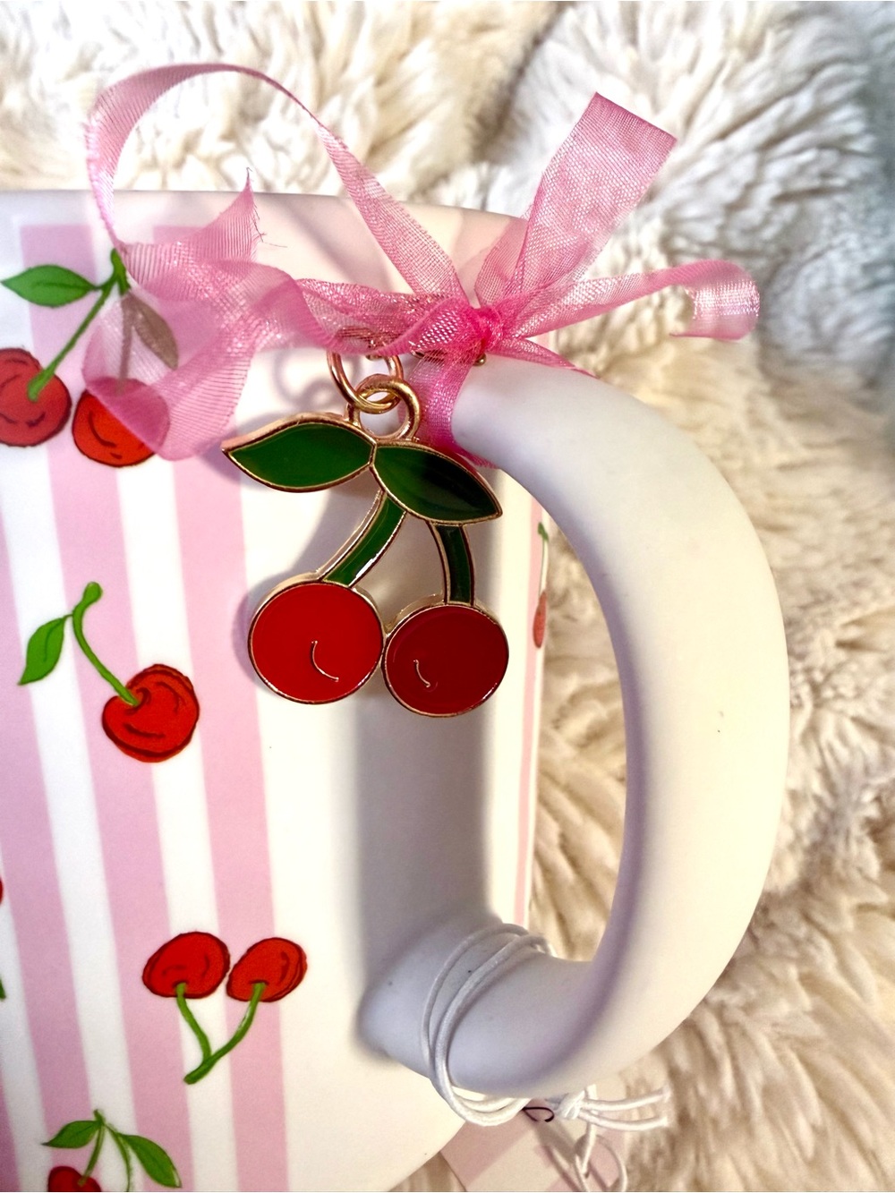 Cherry Stripe Ceramic Mug - Pink & Red - Picture 4 of 4